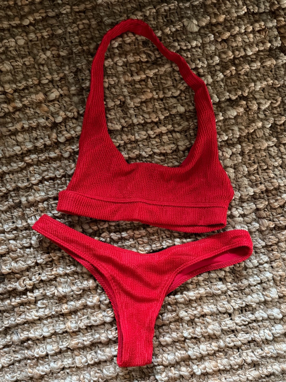 Frankie's Bikinis Red Ribbed Halter Bikini Set